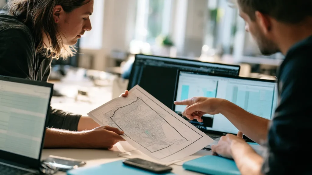 Two engineers comparing a marked coverage boundary on a printed map against a location check result on a laptop.