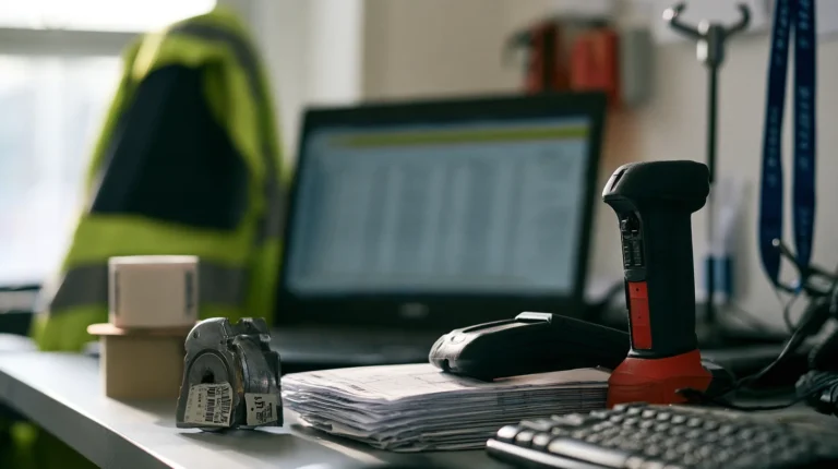 A shipping container seal and a handheld barcode scanner resting on a dock office desk.