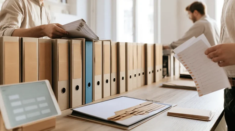 A compliance team assembling a crypto authorization application dossier from labelled binders against a printed document checklist, an application form open on a tablet