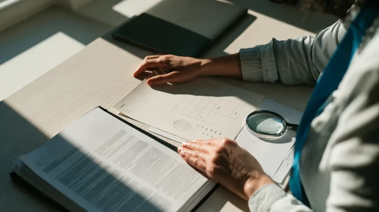 A compliance officer laying a thin national registration certificate beside a thick authorization decision on a desk, comparing two crypto authorization regimes against a hand ruled decision table