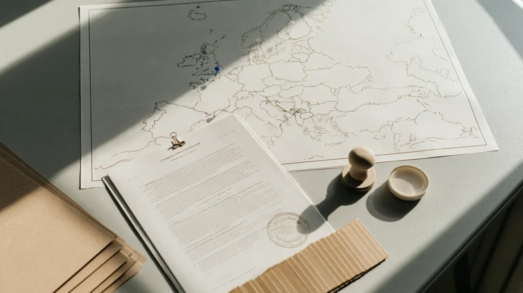 A printed outline map of European member states pinned above a single stamped authorization document on a desk, the passporting notification route that follows one crypto authorization