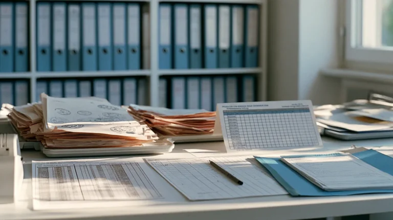Customs import documents, a goods lines printout, a producer's emissions data sheet and a verifier's report assembled on an importer's compliance desk.