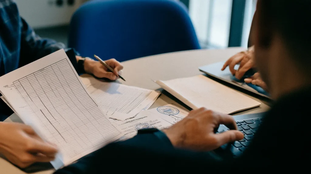 A compliance officer matching a producer's emissions data sheet against default values while a colleague keys the declaration.
