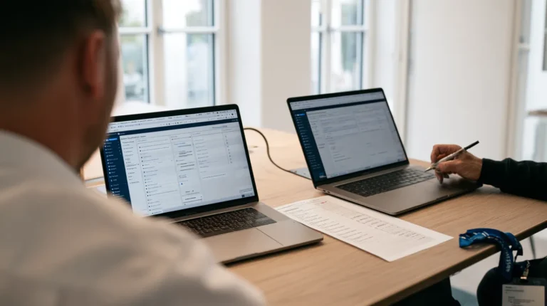 Hands and shoulders of an IT evaluator at a conference table ticking a row on a printed feature-by-feature scorecard that lies between two identical open laptops, each showing a soft out-of-focus admin console layout, a blue lanyard resting on the table.