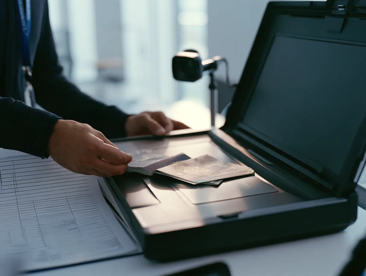 Hands placing a passport on a scanner beside a liveness check webcam during verification.