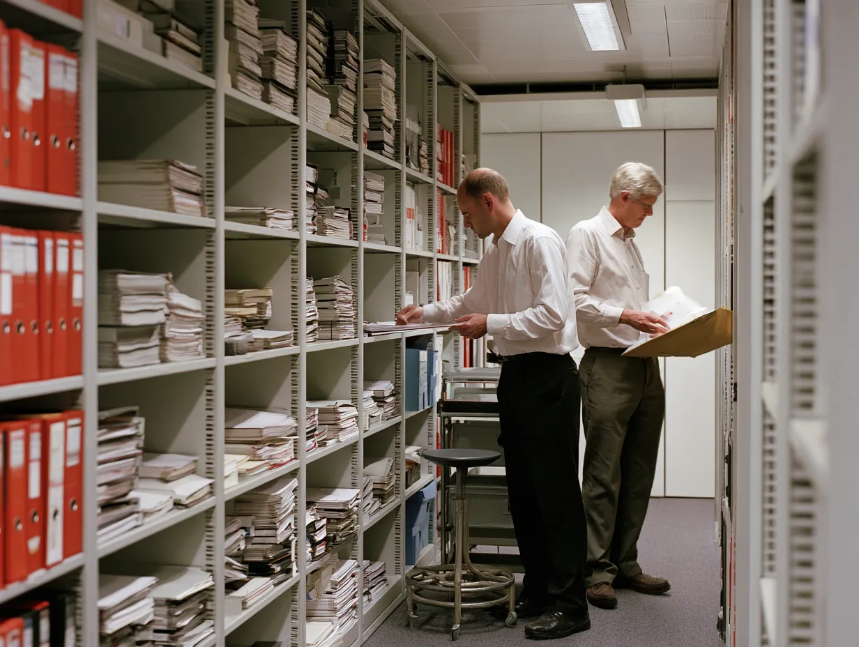 Colleagues collating a bound regulatory return into a courier envelope in a records room.