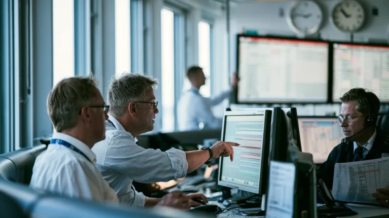 Crew controllers reviewing duty and rest timelines on a crew rostering software screen.