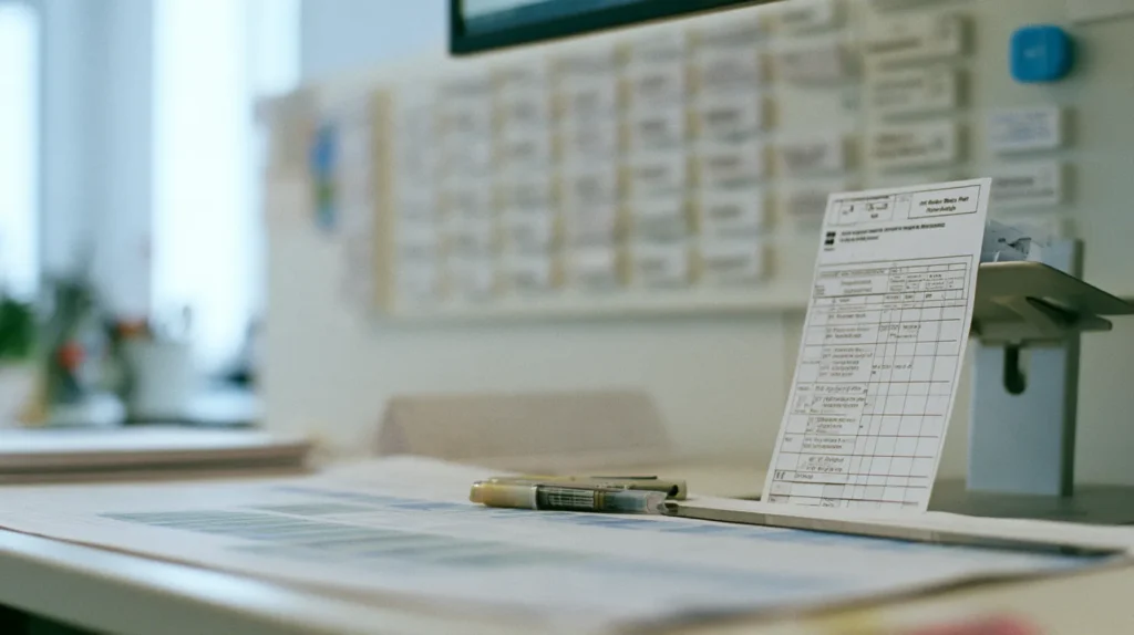 A printed duty roster showing shaded rest periods beside a crew scheduling reference board.