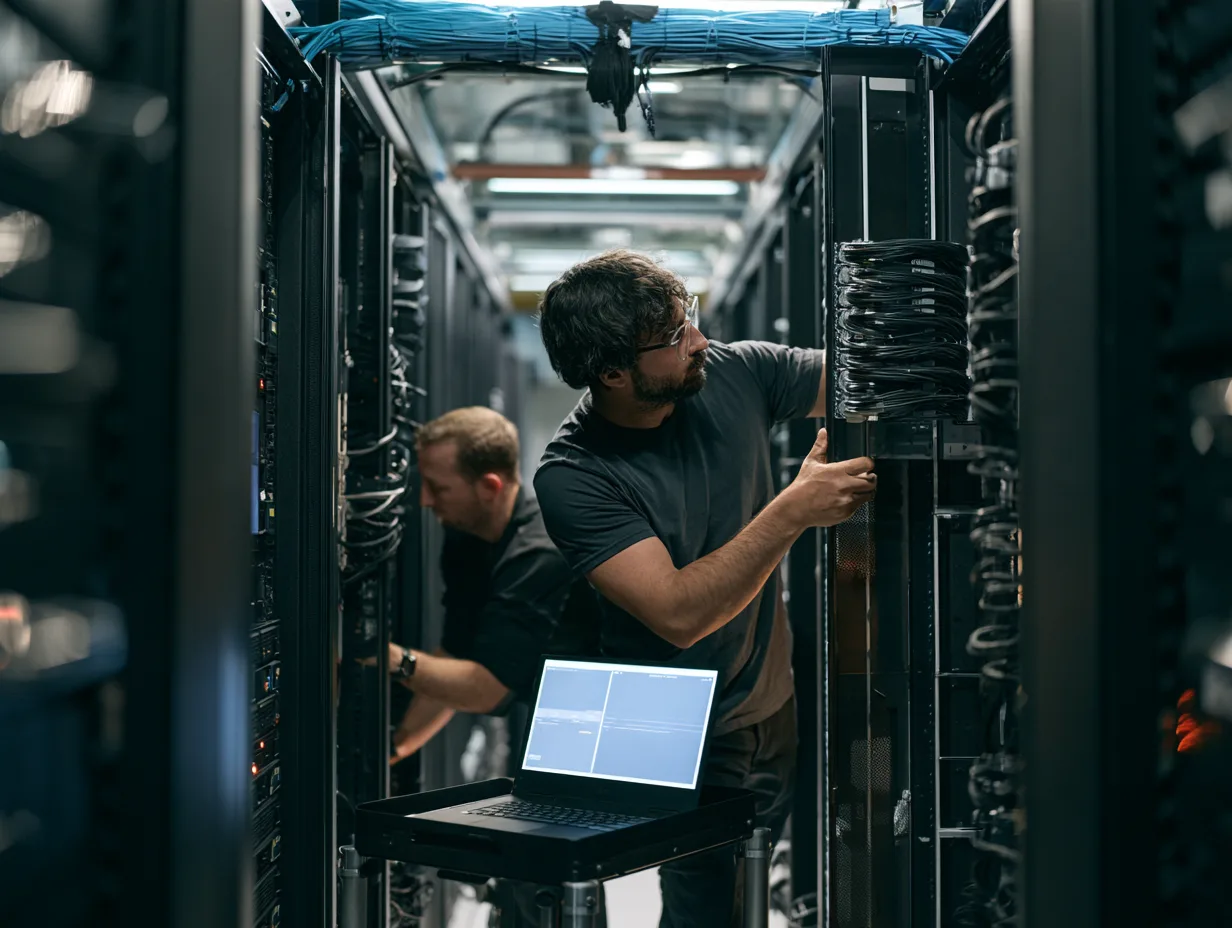Technicians swapping a server blade in the aisle running an order matching engine.