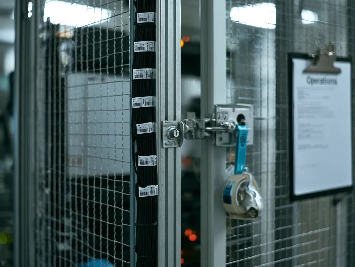 A caged rack appliance with dressed cable looms running multi-chain wallet infrastructure.