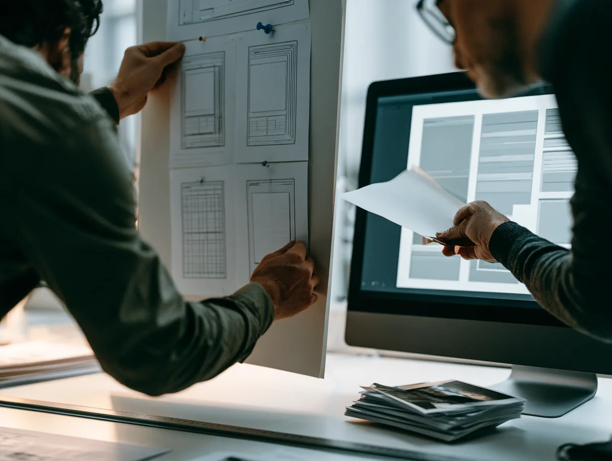 Designers pinning wireframe sheets while laying out a trading interface and admin panel.
