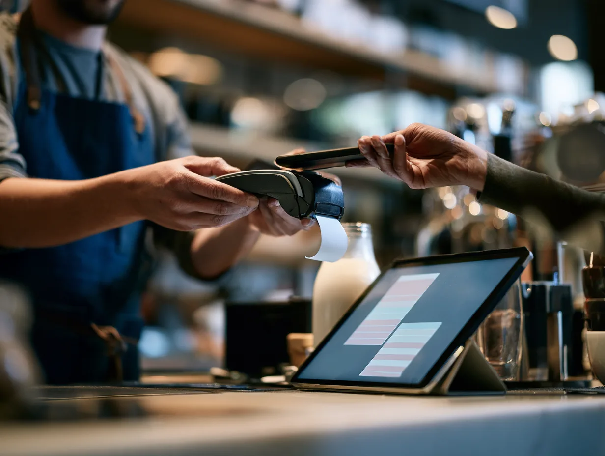A barista taking a phone payment on a counter terminal while the merchant tablet settles.