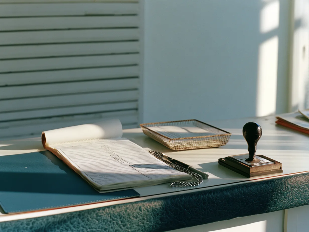 Transfer forms, a blank rate board and a date stamp at a remittance counter.