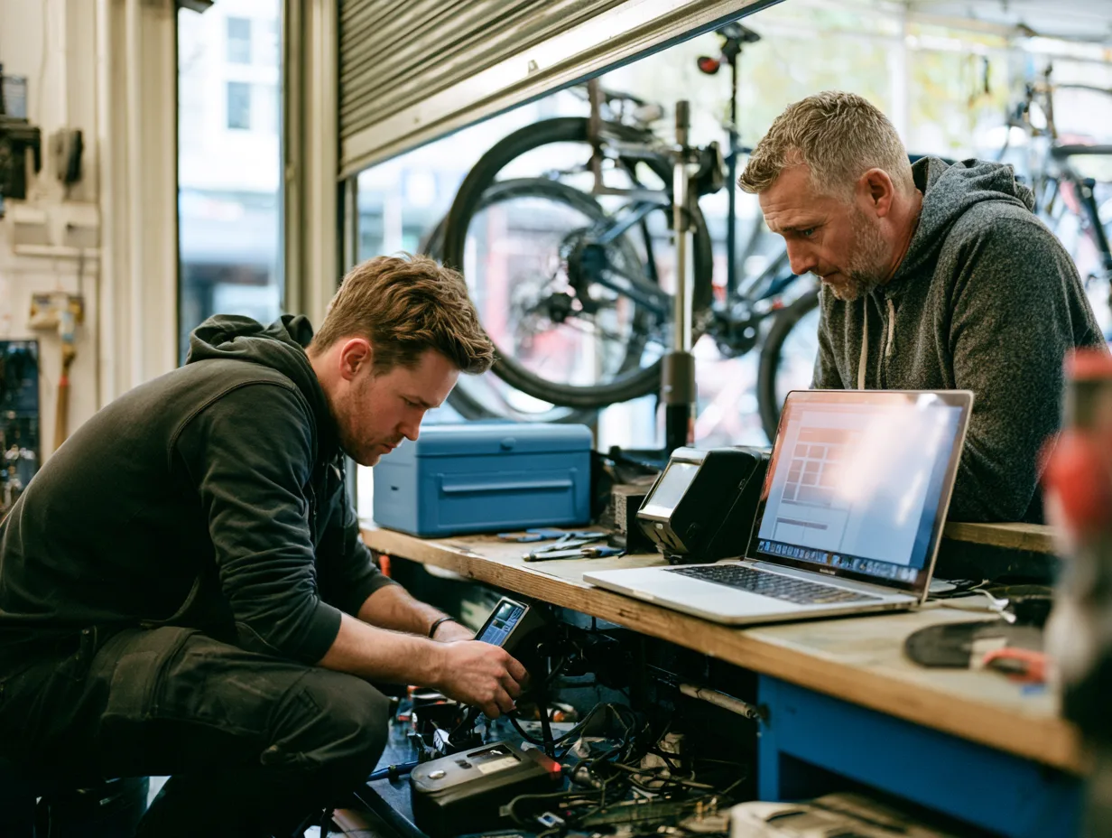 An engineer fitting a payment terminal to a bike shop till for crypto acceptance.