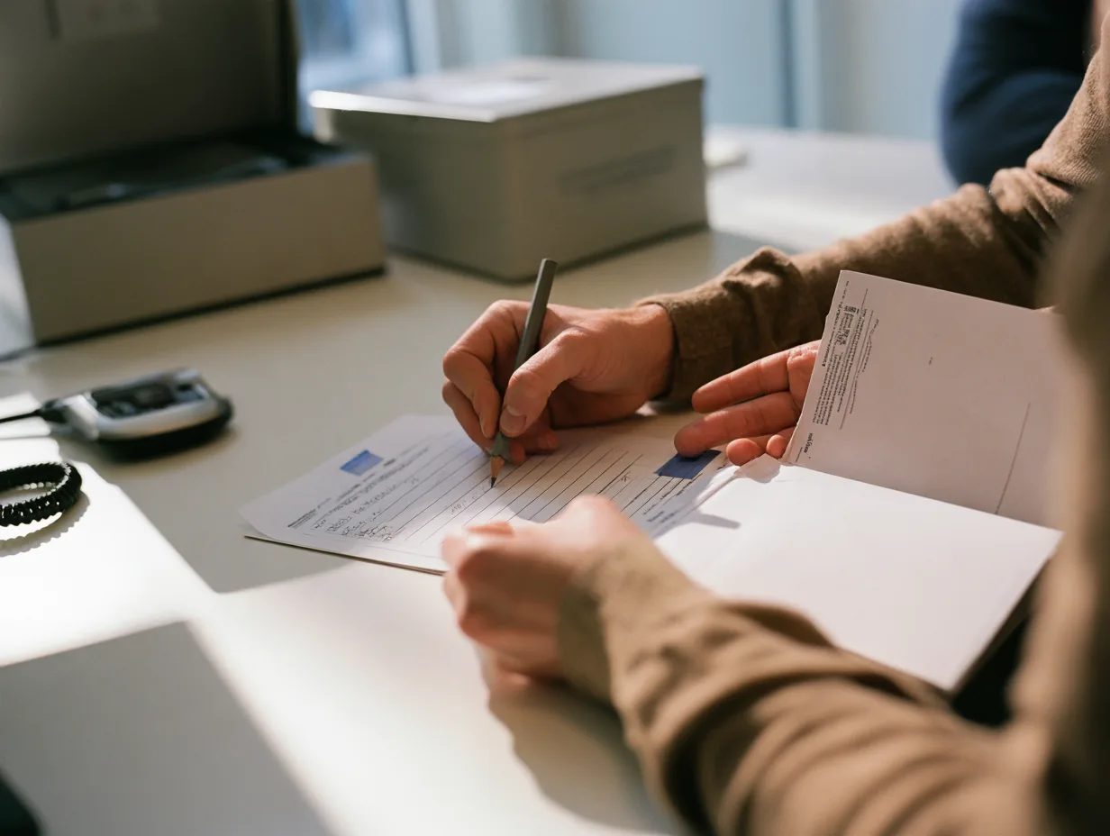 Hands writing a wallet recovery phrase onto a card before sealing the envelope.
