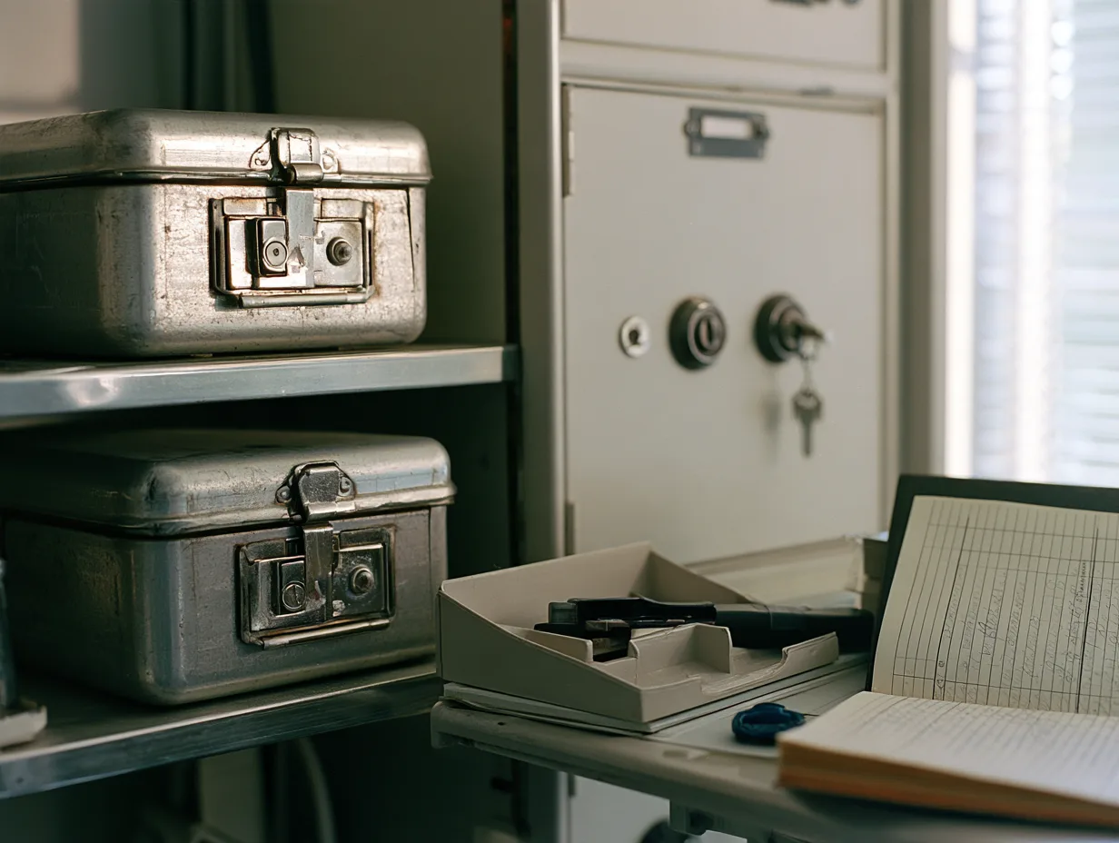 Sealed cases, a two key cabinet and an approval logbook in a custody vault.