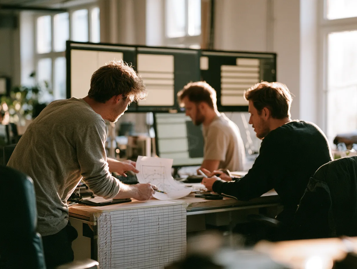 Engineers at a standing desk building a crypto trading platform against a launch checklist.