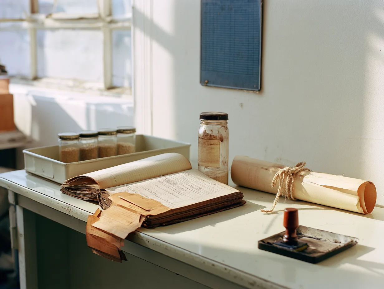 A warehouse receipt book, sample jars and a tied deed, the assets behind tokenization.