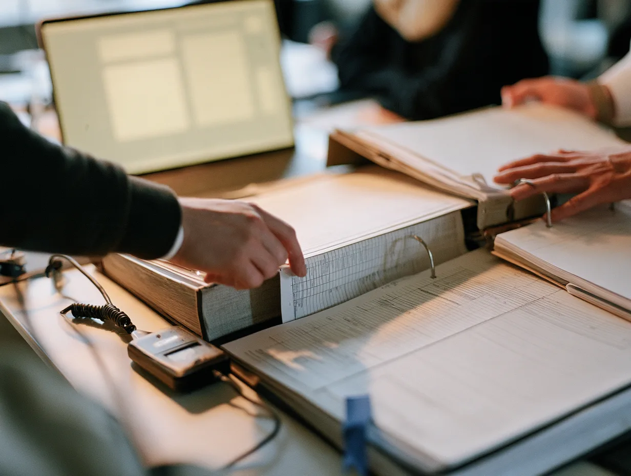Hands bridging a bound ledger and a loose-leaf binder at an institutional treasury desk.