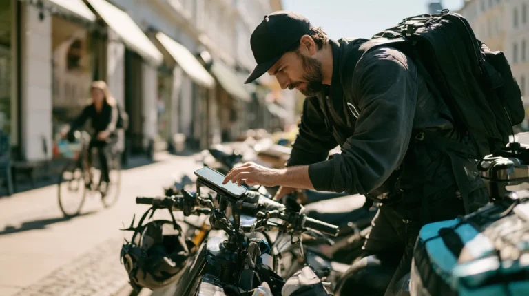 A courier on a scooter checking a phone in a handlebar mount at a curb before starting a shift.