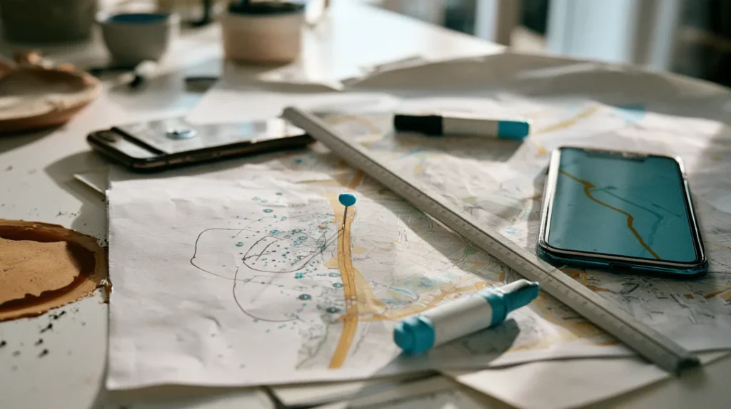 A printed street map with a hand-drawn line snapping a scatter of marked points onto one road.