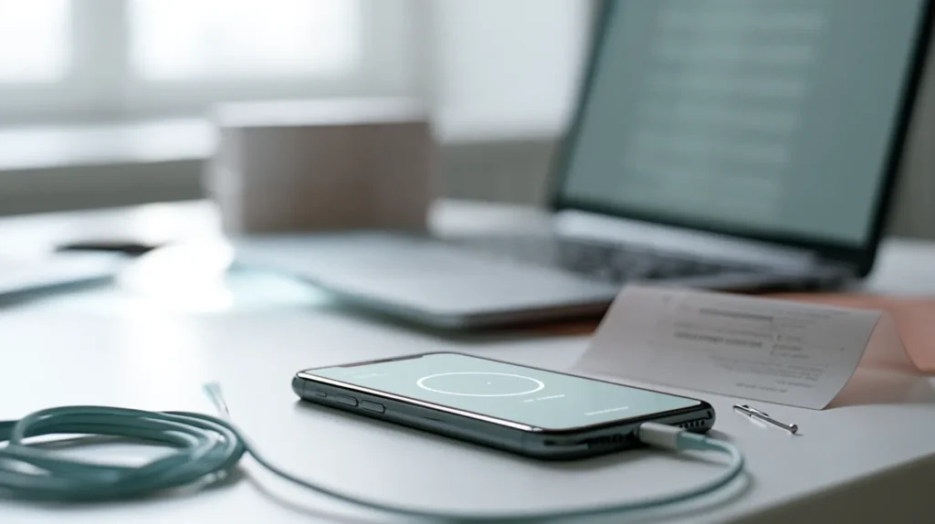 A handset resting on a desk showing an eSIM profile download screen beside a laptop.