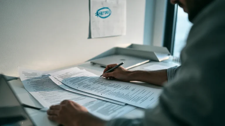 A privacy operations employee at a desk cross-referencing a printed data-erasure request against several system record printouts, a wall calendar with one date circled behind them, resolving a GDPR erasure request that arrived through an EUDI Wallet