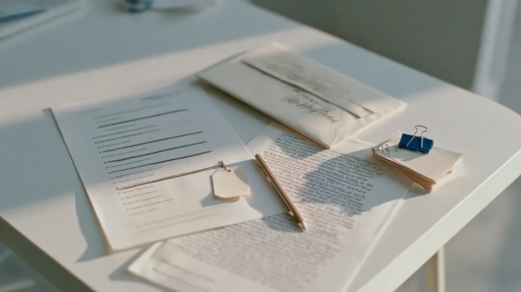 A printed system-record checklist with some rows crossed out in pencil and one row flagged with a small hold tag, lying beside a half-written reply letter and a sealed envelope, the paperwork trail of resolving a GDPR erasure request into erased, retained or refused outcomes