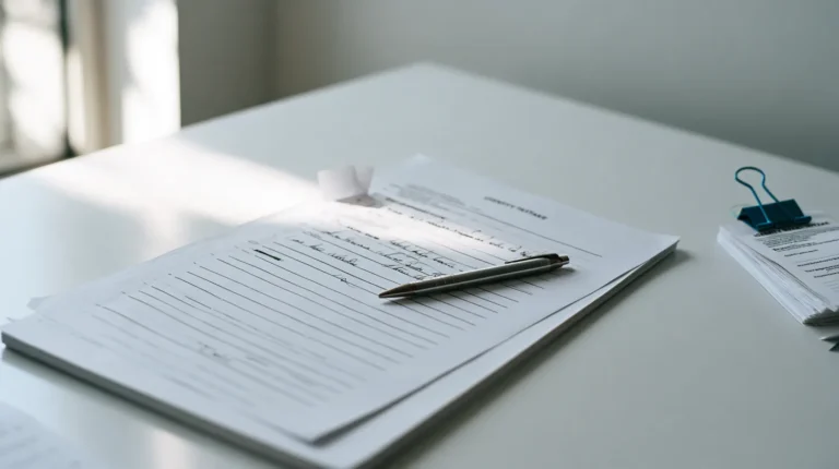 A printed identity intake form with five filled rows and a run of blank rows beneath them, one filled row marked with a small paper flag, standing in for the five guaranteed EUDI Wallet identity fields against fourteen optional fields that may never arrive