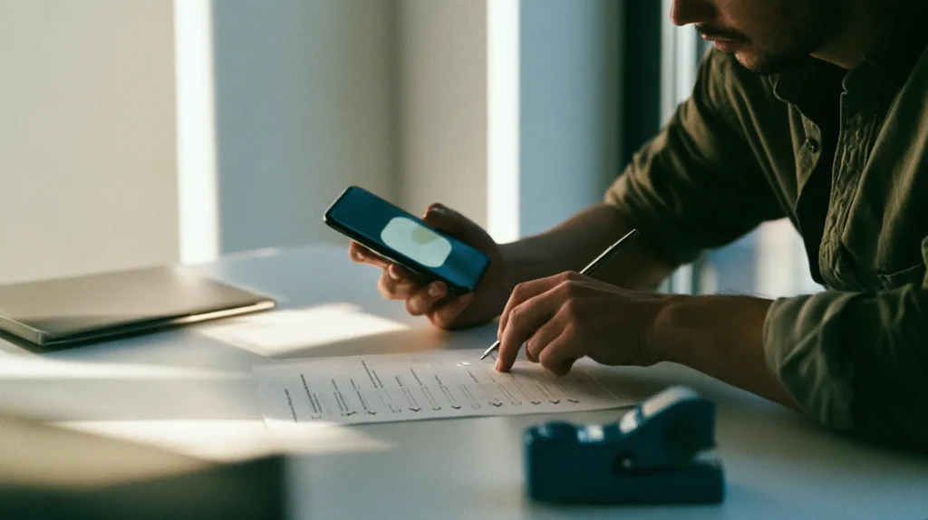 A compliance employee at a desk cross-referencing a wallet-returned identity data printout against an onboarding intake checklist, ticking the guaranteed fields and marking the optional ones for separate collection