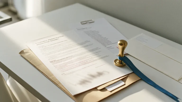 A completed national registration application form and a paperclipped attribute checklist lying on a desk beside a brass embossing seal, the registration filing a business completes with a national authority before it may request any attribute from an EUDI Wallet