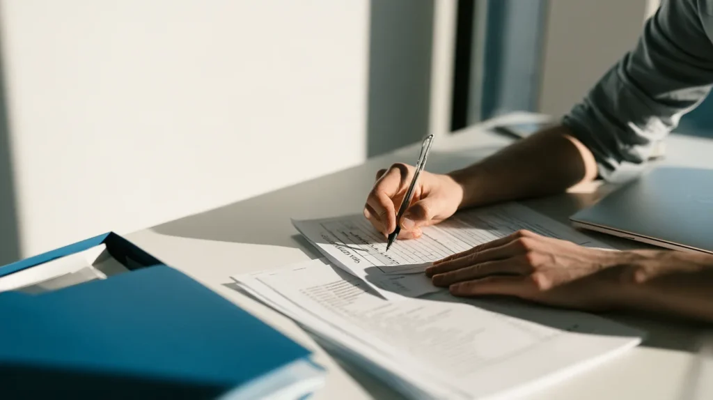 A compliance employee at a desk handwriting an entry onto a national registration form while cross-referencing a printed technical attribute list, translating a product's data requests into the Annex I declaration filed with the registrar