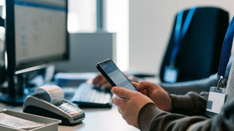A payments operations employee at a back-office desk holding a smartphone showing a blurred wallet confirmation screen beside a monitor displaying a blurred transaction record and a card terminal printing a receipt, a payment service processing a wallet-presented SCA Attestation