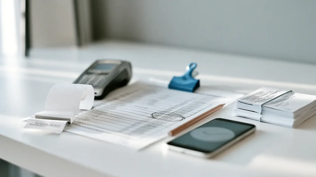 A printed transaction log with one row circled in pencil lying beside a curling payment terminal receipt and a smartphone showing a blurred wallet confirmation screen, the paper evidence trail of a payment authenticated through a wallet-presented SCA Attestation