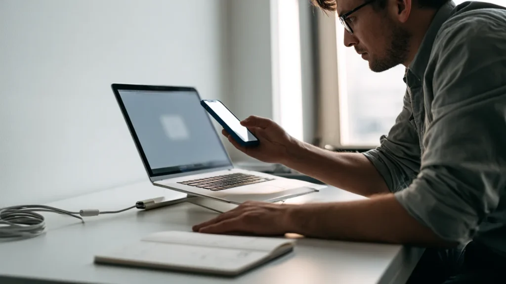 A developer holding a phone up toward a laptop screen at a desk, testing the cross-device transport between an EUDI Wallet and a browser-based verifier