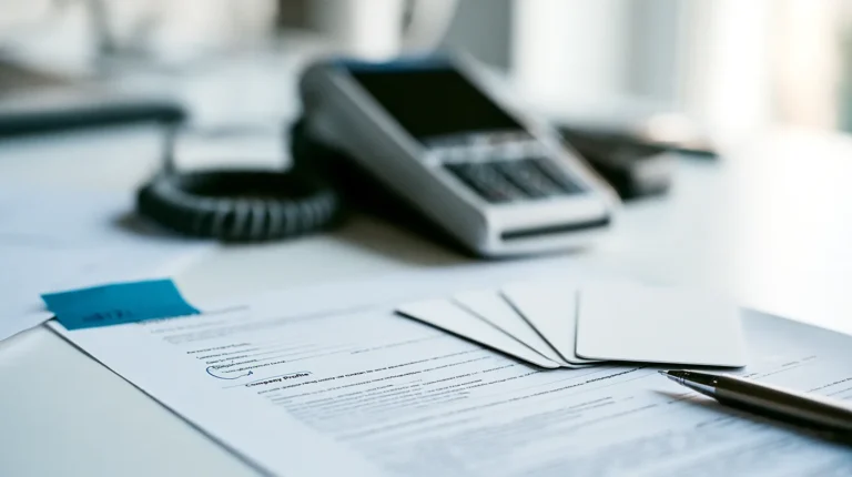 Tight close-up of a payments test bench: a printed company profile sheet with one line flagged by a blue paper tab, a card payment terminal and three blank white test bank cards fanned beside it on a white desk.