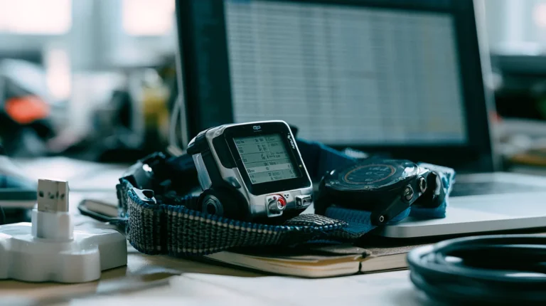 A bike computer and a sports watch on a workbench beside a laptop showing an uploaded activity.
