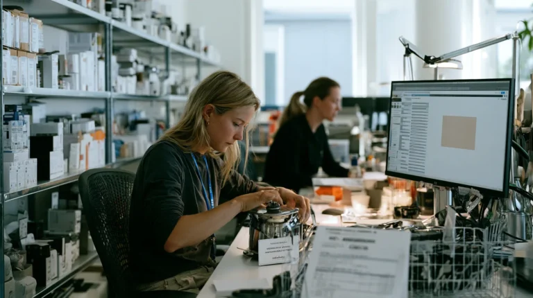 A trust and safety analyst checking a product's warning label and responsible person card beside a colleague's listing screen.