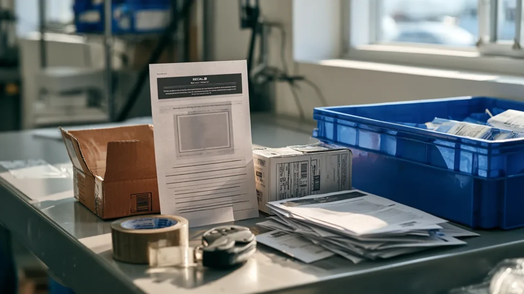 A printed recall notice beside a returned product and envelopes on a marketplace returns bench.