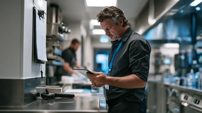 A food safety officer reviewing HACCP monitoring records on a tablet in a commercial kitchen.