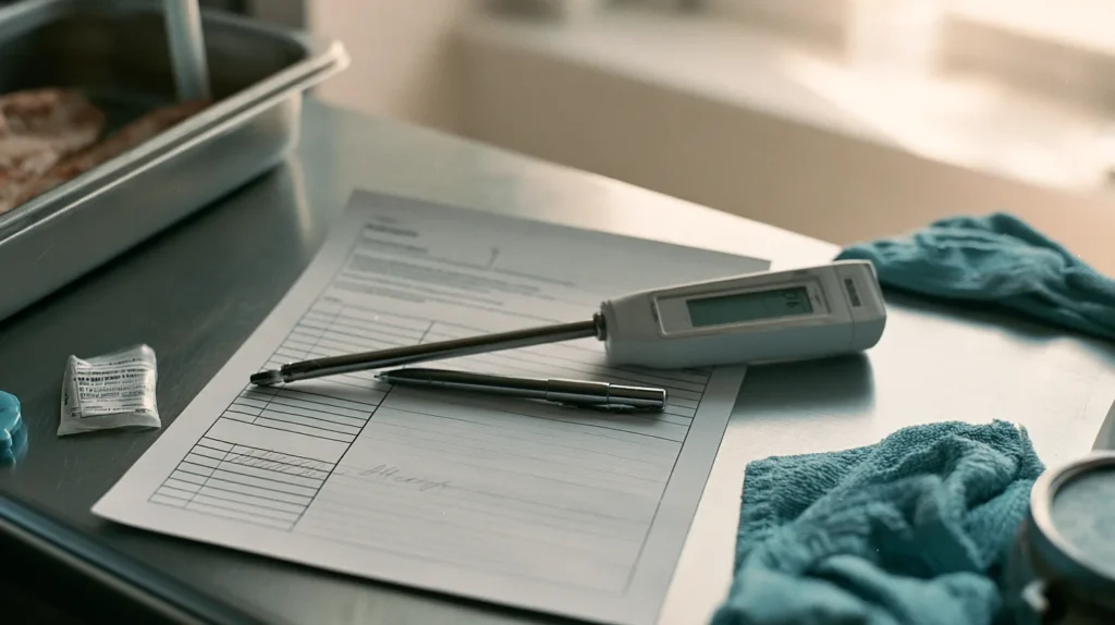 A probe thermometer reading beside a printed monitoring log on a kitchen counter.
