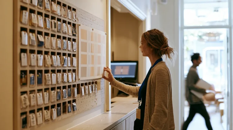 A hotel revenue manager checking a wall mounted availability grid against a rack of room key cards in the back office, the inventory a channel manager keeps synced across channels