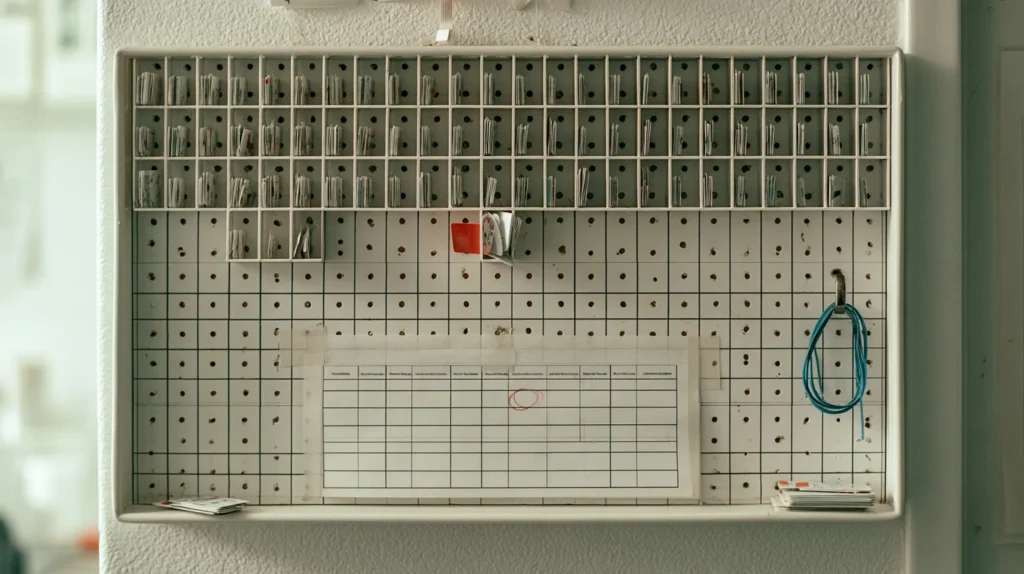 A room key card rack with two cards crowded into a single cell beside a pencil circled cell on a printed availability grid, an overbooking caused by an inventory race