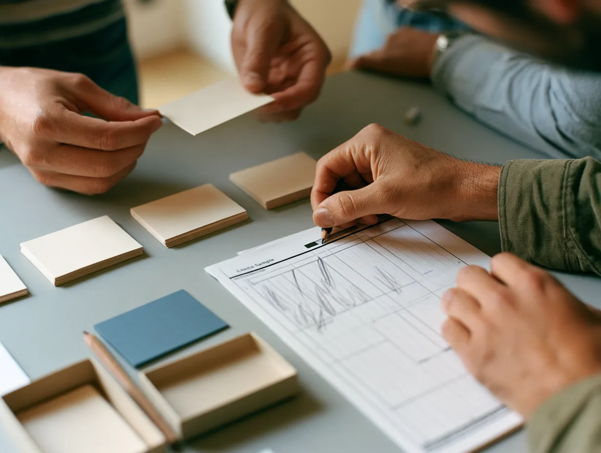 Sorting index cards and marking a data sample sheet during an AI feasibility sprint.