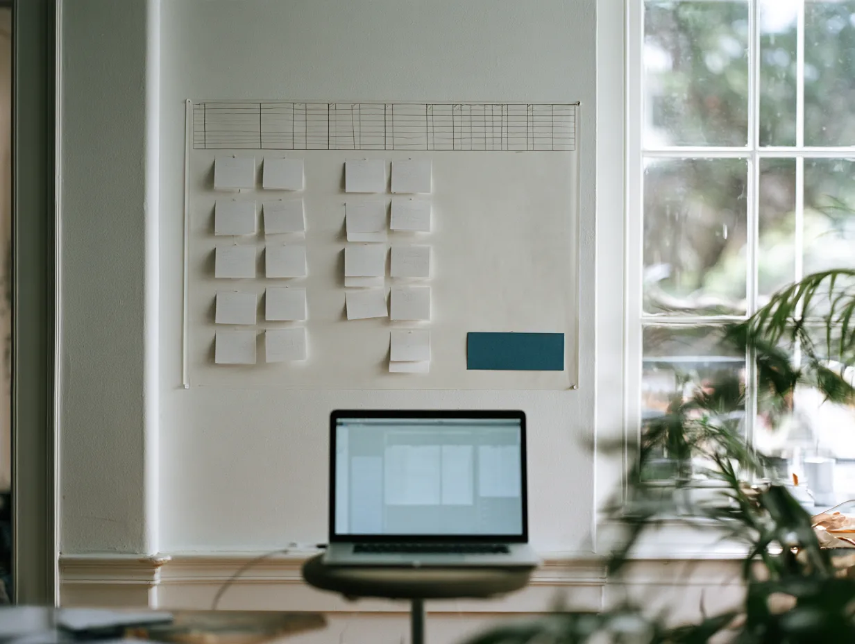 A sprint wall of pinned cards above a demo laptop on a stool.