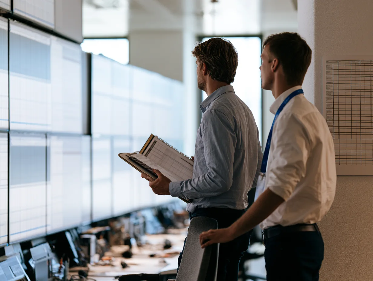 Engineers with a runbook binder in front of monitoring panels during a model deployment.
