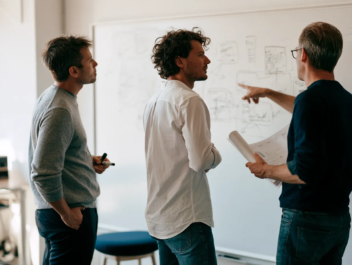 Engineers threat modelling a smart contract architecture at a whiteboard.