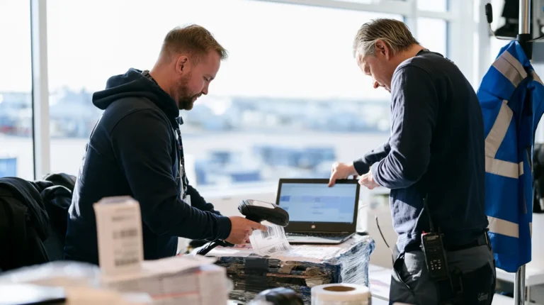 A ground handler scanning a shipment label and granting a colleague on-screen access to the record instead of handing over a paper waybill.