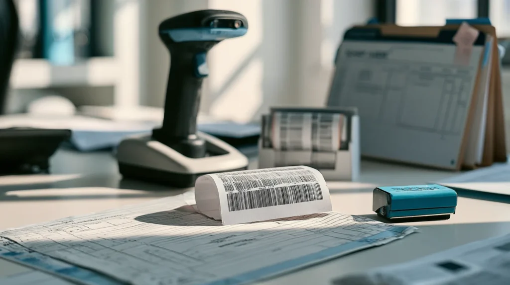An old-style printed waybill lying beside a barcode-labeled pallet tag on a cargo desk during the migration.