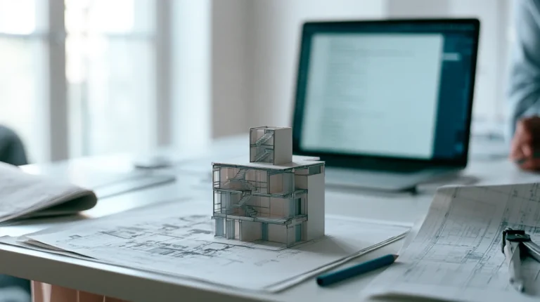 An IFC spatial tree diagram rendered as a real building section model on a desk.